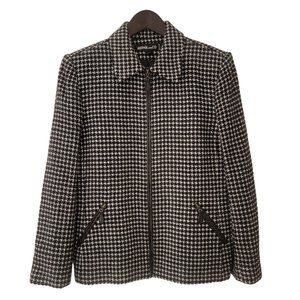 Kasper Houndstooth Blazer Jacket Size 12 Petite Black White Faux Leather Details